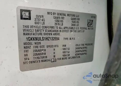 2017 GMC Acadia Slt-1 из США, поврежденный, VIN 1GKKNULS1HZ132694